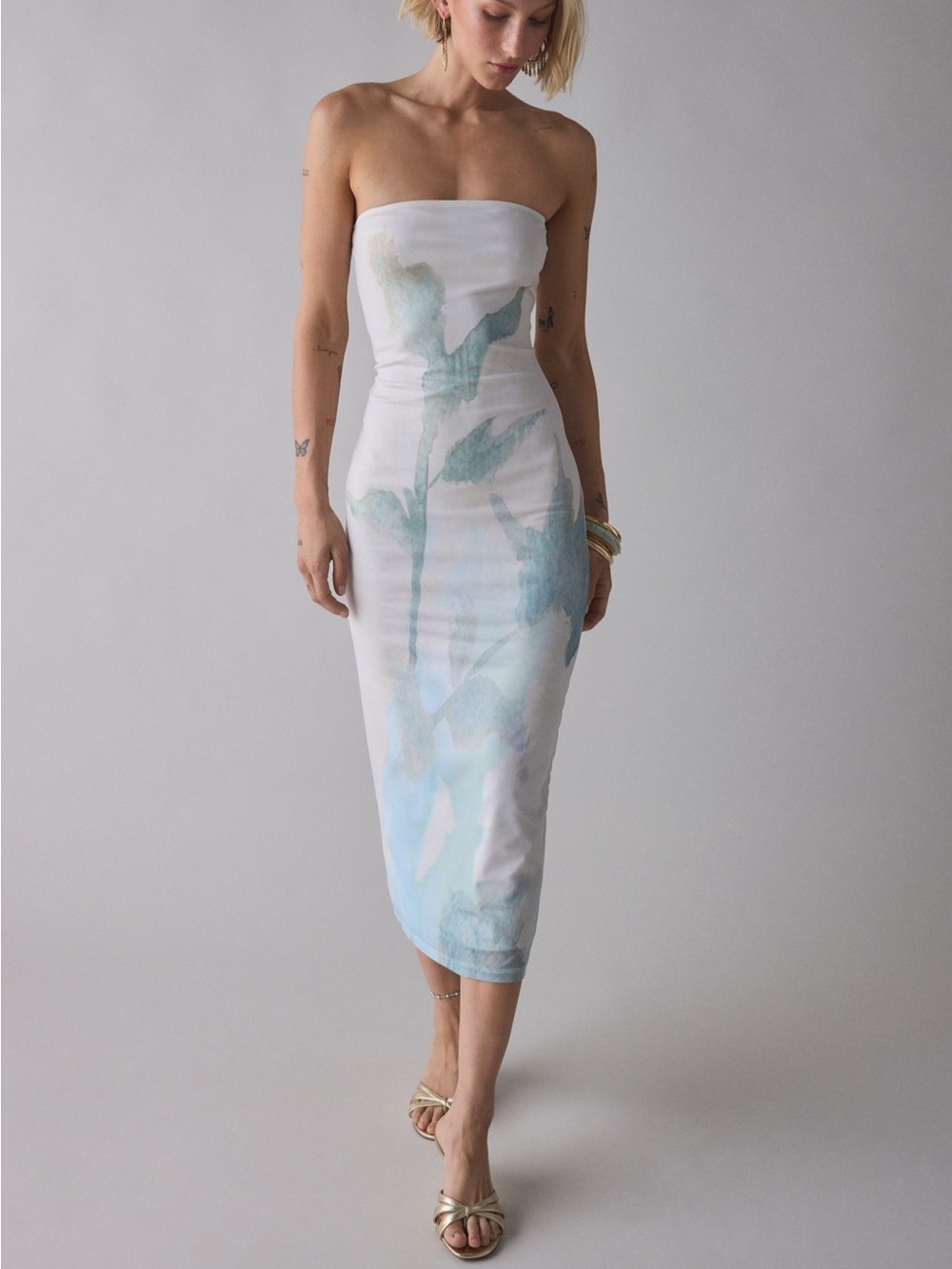 Bandeau Midi Dress In Abstract Painted Flower Blue